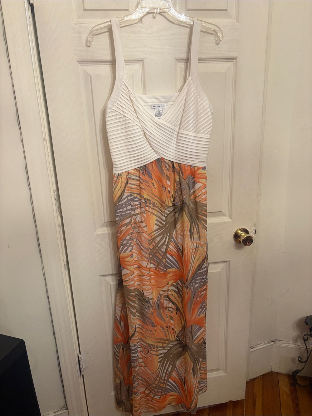 Amanda Lane White Ribbed Bodice Maxi with Orange Tropical Print Skirt